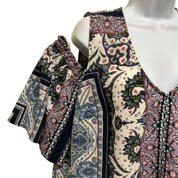 Luxology Cold Shoulder Bohemian Pattern High Low Bloe Size L Hippy Girl - Picture 2 of 5